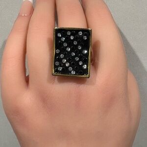 Statement Rectangle Black and Clear Crystal  Ring, Flip Flop Gold & Silver Tone